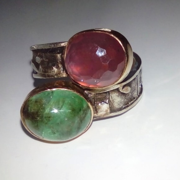 Natural Ruby Emerald In 14K Yellow Gold And Sterling Silver Bypass Ring 8.25 - Picture 5 of 10